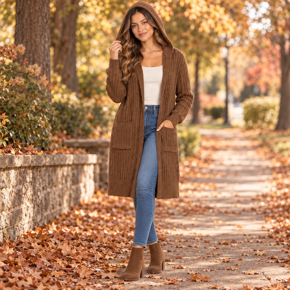 Belle Du Jour Chocolate Brown Ribbed Hooded Duster Cardigan Sweater XL Granola